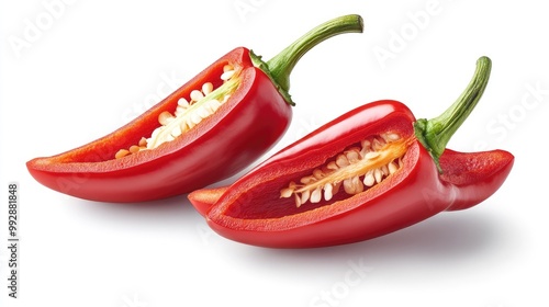 Two red chili peppers sliced in half, revealing seeds, isolated on white background.