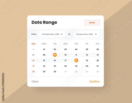 Modern minimalist calendar or date range selector web and mobile ui element