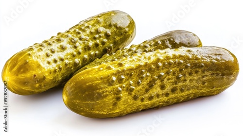 Two whole green dill pickles isolated on white background.