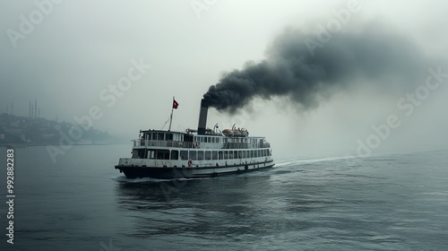 A ferry in the Istanbul Bosphorus emits a concerning amount of black smoke as it cruises along the waterway, raising questions about its environmental impact
