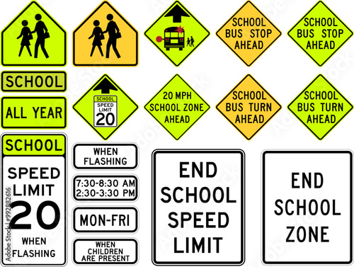 School Zone and School Bus Warning Signs Collection Featuring Speed Limits, Time of Day, and Children Present Warnings. Road signs in the United States.
