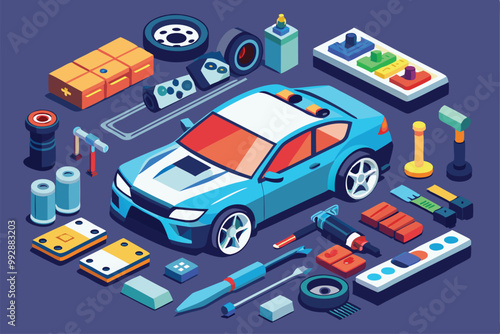A detailed isometric design filled with car accessories, tools, and parts arranged around a blue vehicle, Customizable isometric illustration of car accessories.