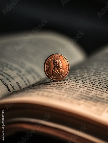 A shining coin perched on an open book, representing fortune and financial insight. photo