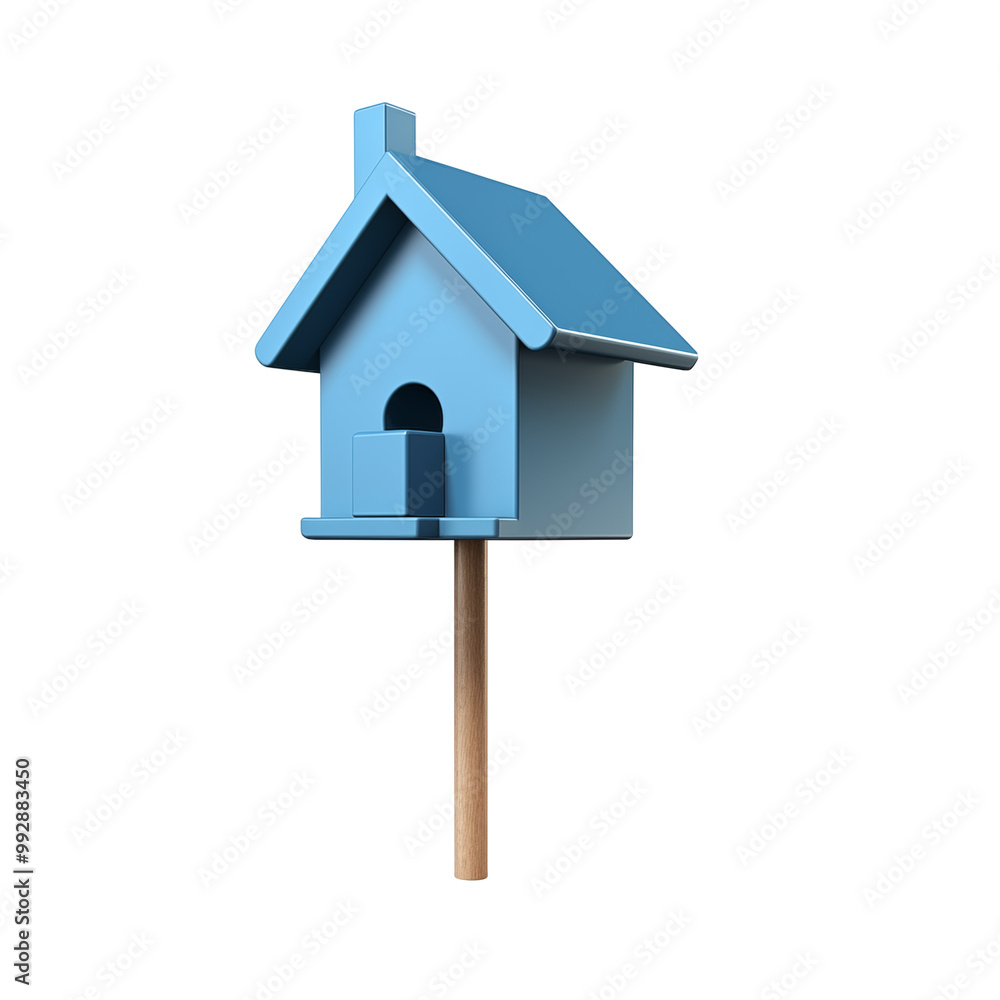 Wooden Blue Birdhouse On A Pole Isolated Against White Background Wooden Blue Birdhouse On A Pole Isolated Against White Background