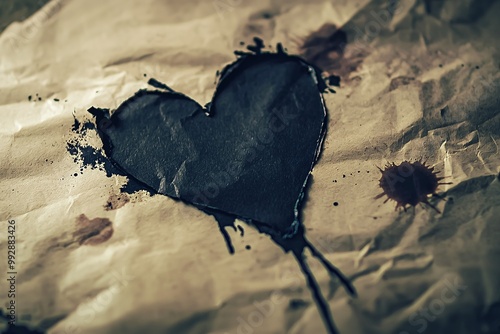 A fragmented paper heart marred by dark ink stains represents deep-seated animosity. photo