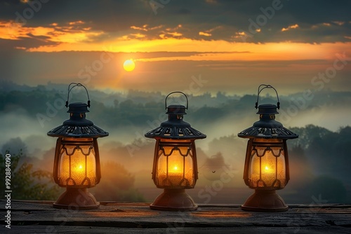 Three glowing lanterns of different sizes sit on a wooden surface, with a dark, eerie forest and a cloudy sunset in the background. The scene evokes a spooky Halloween atmosphere. photo