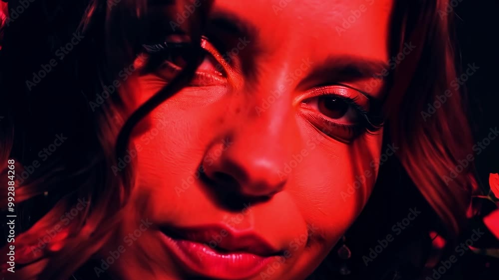 Intense red portrait of woman with curly hair and dramatic lighting Intense red portrait of woman with curly hair and dramatic lighting