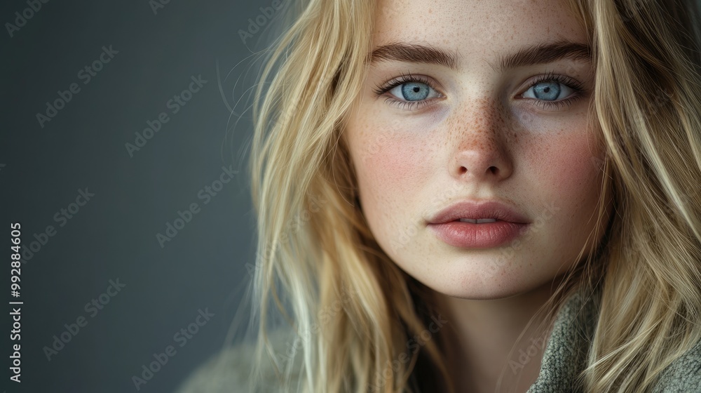 Close up portrait of a young Scandinavian woman with blonde hair and light blue eyes wearing a jacket and gazing at the camera against a grey background Close up portrait of a young Scandinavian woman with blonde hair and light blue eyes wearing a jacket and gazing at the camera against a grey background