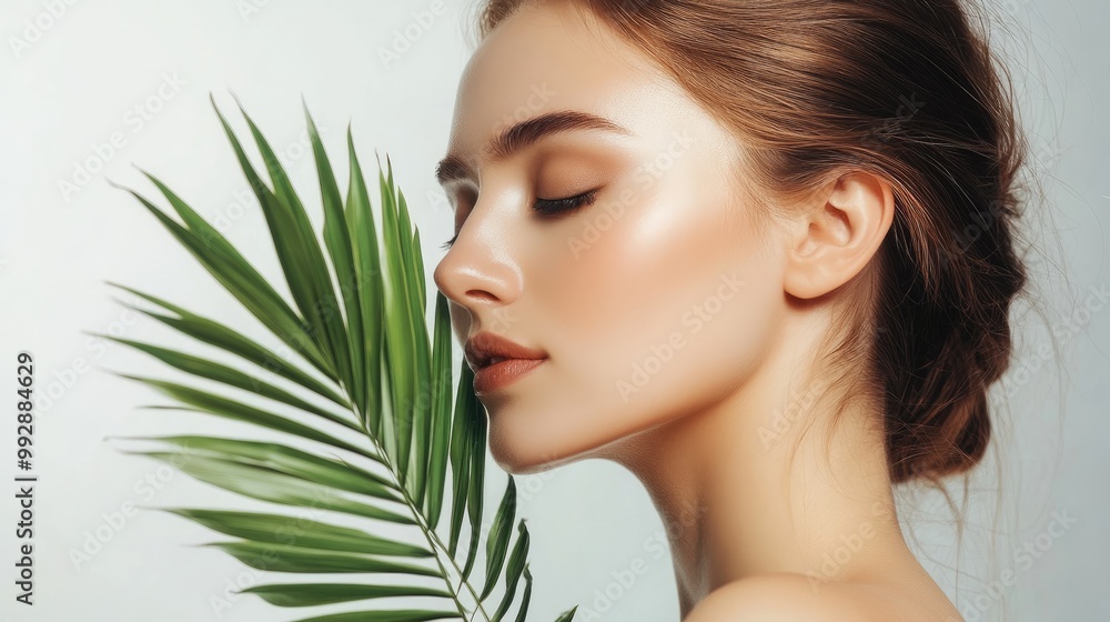 An elegant woman stands sideways with her eyes closed gently holding a green palm leaf near her face An elegant woman stands sideways with her eyes closed gently holding a green palm leaf near her face