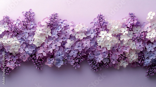 Lilac and white flowers arranged artistically, creating a serene and calming atmosphere. Suitable for Women's Day or Mother's Day theme background with ample copy space for text overlay.