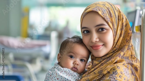 Muslim mother and her baby in a hospital setting representing the concept of inclusive healthcare