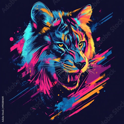 A vibrant, colorful, and abstract illustration of a roaring tiger with a neon color palette.