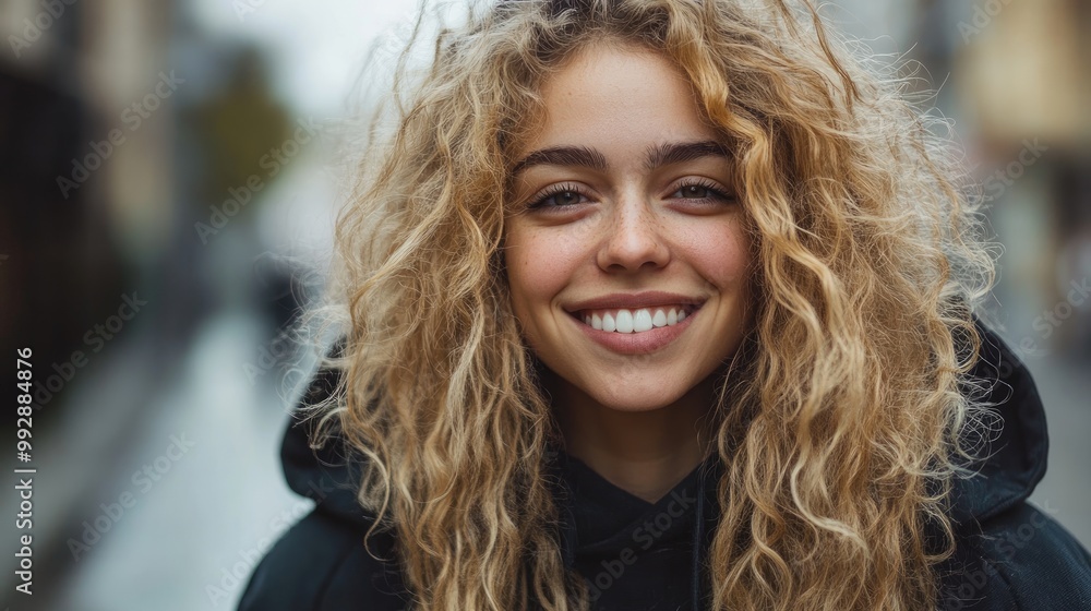Obraz premium Stylish young adult woman with curly blonde hair smiling at the camera in a hoodie close up street style portrait