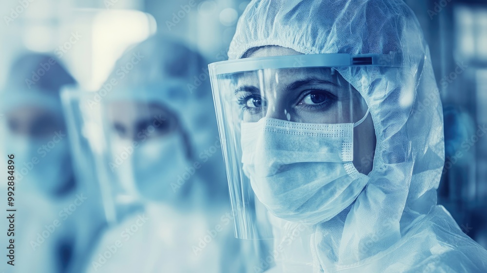 Conceptual depiction of healthcare professionals in protective gear and masks engaging in a contemporary medical environment with a double exposure effect Conceptual depiction of healthcare professionals in protective gear and masks engaging in a contemporary medical environment with a double exposure effect