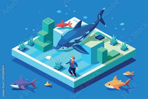 A diver explores a colorful underwater world filled with various fish and vibrant coral formations, Customizable isometric illustration of diving with sharks.