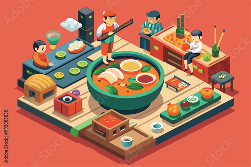 A colorful setting features people enjoying various Korean dishes while cooking and dining together, Customizable isometric illustration of eating Korean food.