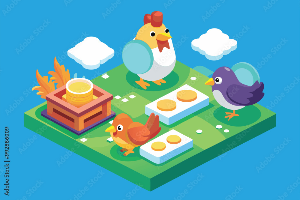 Obraz premium A lively scene showcases colorful chickens interacting with eggs on a bright, whimsical landscape, Customizable Isometric Illustration of Eggs and Chicken