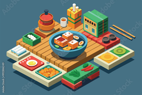 This isometric illustration features an inviting Korean dining setup filled with diverse traditional foods, Customizable isometric illustration of eating Korean food.