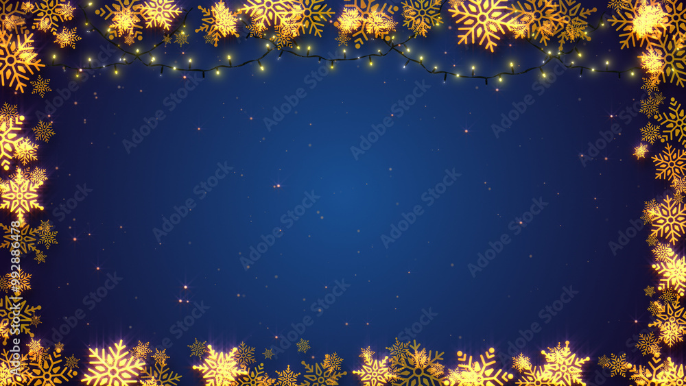 Christmas frame with gold snowflakes lights and snow particles in blue background - Digital Illustration Christmas frame with gold snowflakes lights and snow particles in blue background - Digital Illustration
