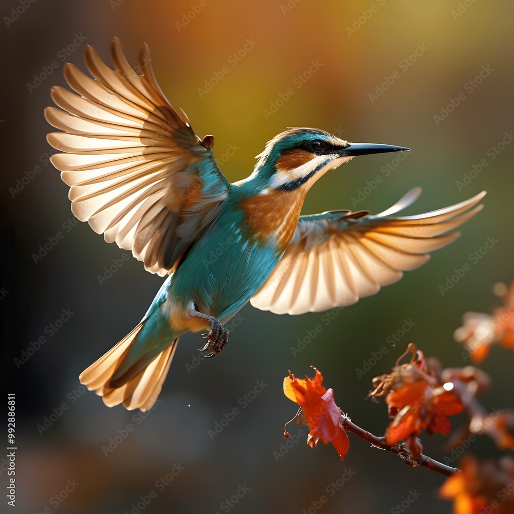 Fototapeta premium A colorful kingfisher bird perched on a branch with vibrant feathers in nature