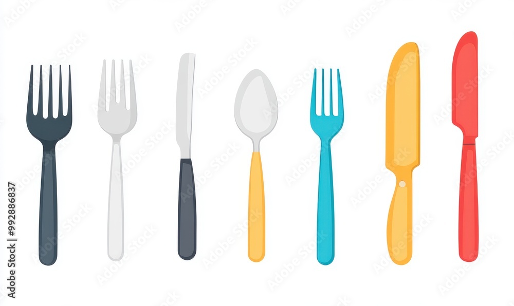 A collection of various utensils, including forks, knives, and spoons, featuring colorful handles and modern designs. A collection of various utensils, including forks, knives, and spoons, featuring colorful handles and modern designs.