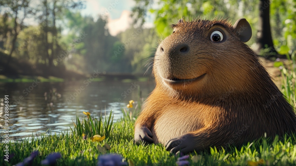A cheerful animated capybara relaxes by a serene river surrounded by flowers and greenery. A cheerful animated capybara relaxes by a serene river surrounded by flowers and greenery.