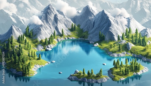 Serene Tranquility: Modern 3D Isometric Illustration of a Picturesque Lake Surrounded by Nature photo