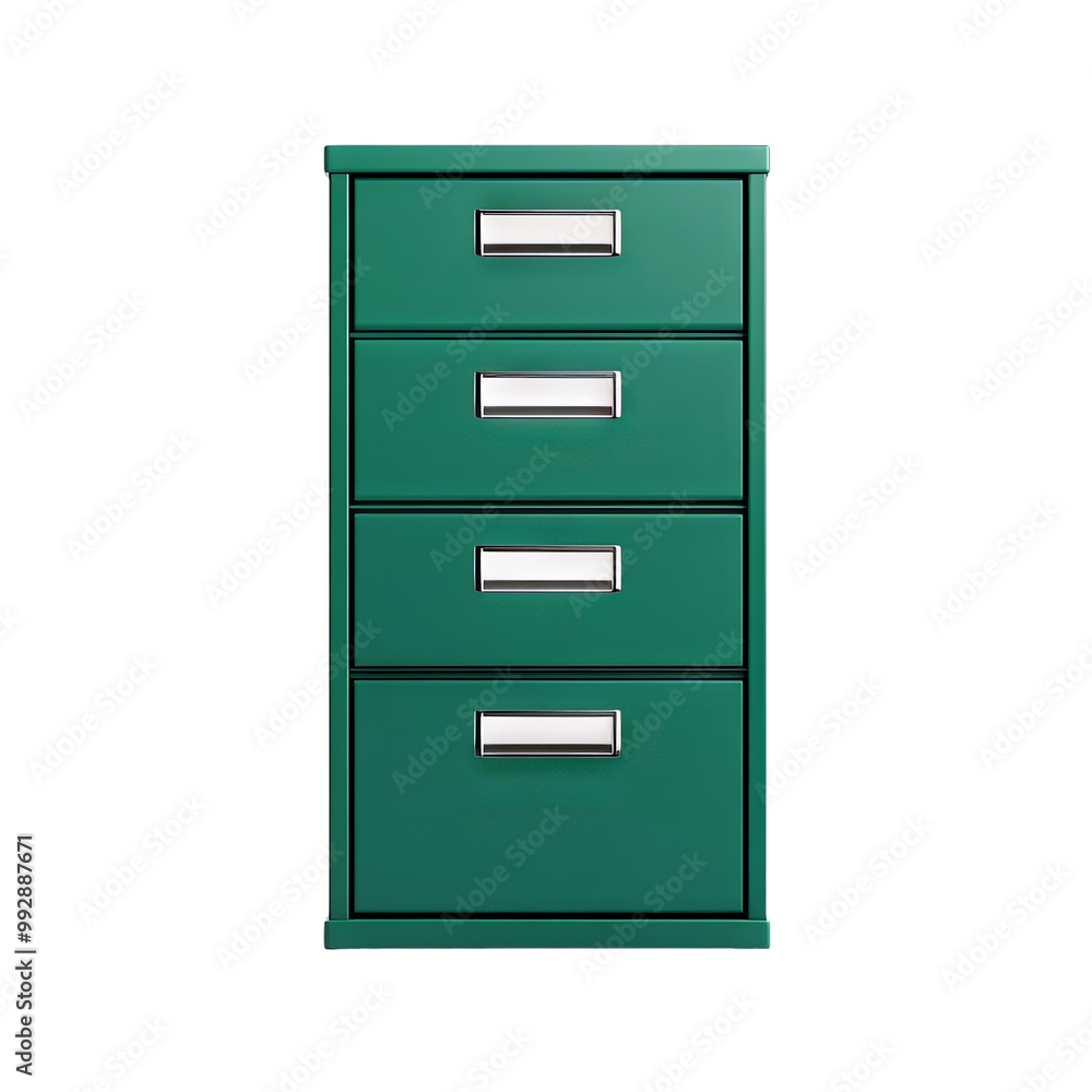 Green filing cabinet with four drawers, white isolate background, Transparent Background Green filing cabinet with four drawers, white isolate background, Transparent Background