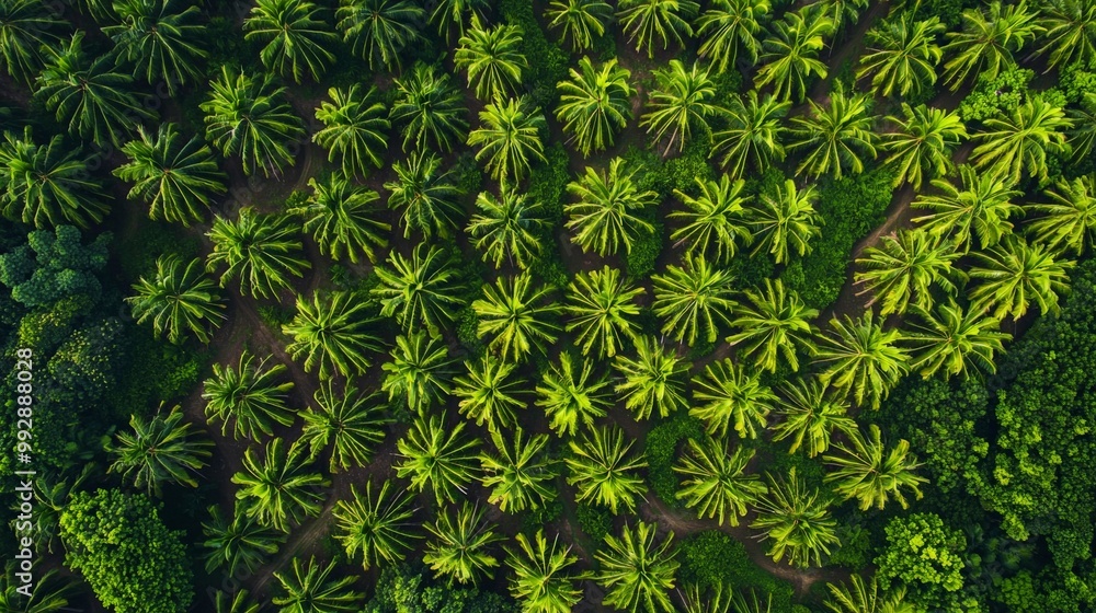 A drone, Bird-eye view of a vast oil palm plantation, with neatly aligned palm trees creating a geometric pattern A drone, Bird-eye view of a vast oil palm plantation, with neatly aligned palm trees creating a geometric pattern