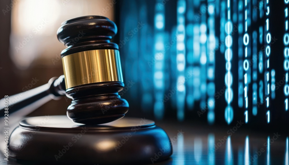 A gavel placed on a table, symbolizing justice in the digital age with a backdrop of binary code. A gavel placed on a table, symbolizing justice in the digital age with a backdrop of binary code.