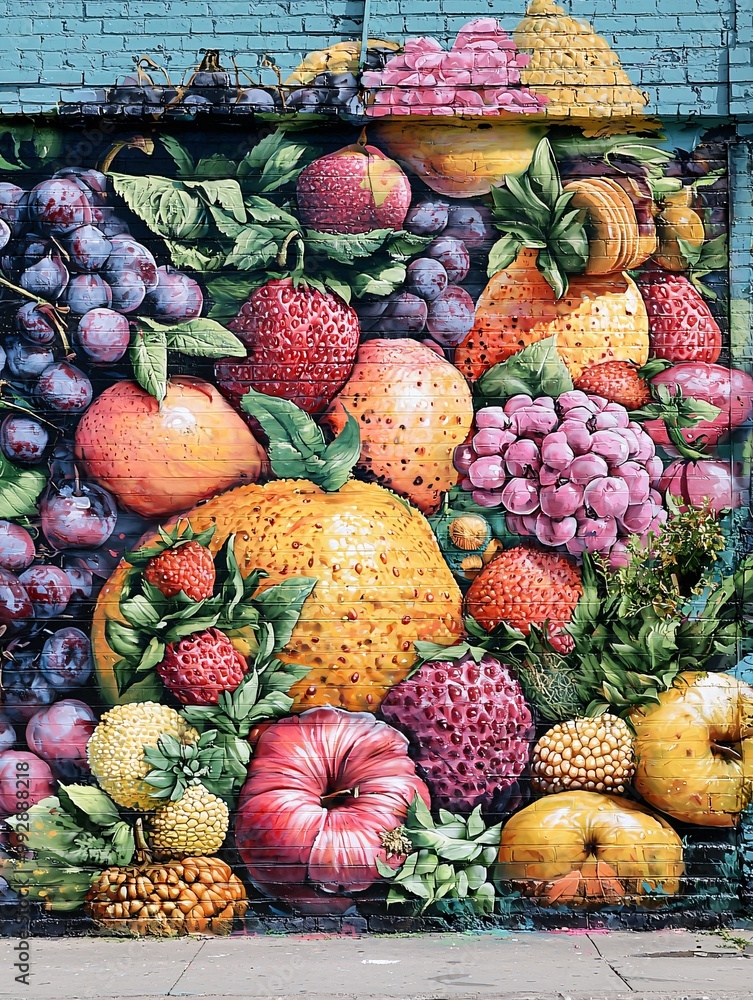 A whimsical mural bursts with oversized fruits and quirky creatures, turning a mundane wall into a vibrant realm of imagination. A whimsical mural bursts with oversized fruits and quirky creatures, turning a mundane wall into a vibrant realm of imagination.