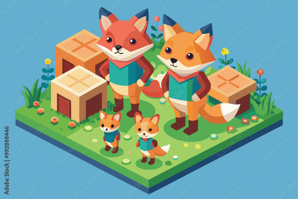 Naklejka premium A playful fox family stands together in a colorful woodland with flowers and small homes, Customizable Isometric Illustration of Fox Family