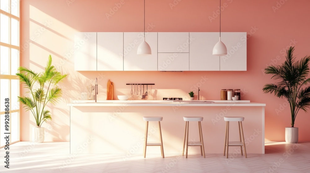 Fototapeta premium Modern kitchen with pastel walls, plants, and minimalist design.