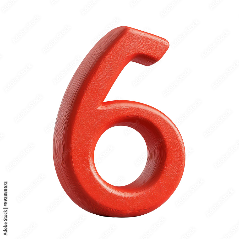 Red number six, white isolated background, Transparent Background
