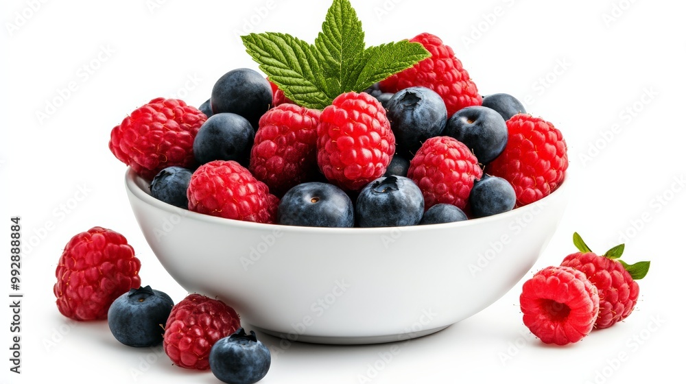 Fresh and Vibrant: A bowl overflowing with plump, juicy raspberries and blueberries, a testament to summer's bounty and a symbol of healthy living. Fresh and Vibrant: A bowl overflowing with plump, juicy raspberries and blueberries, a testament to summer's bounty and a symbol of healthy living.