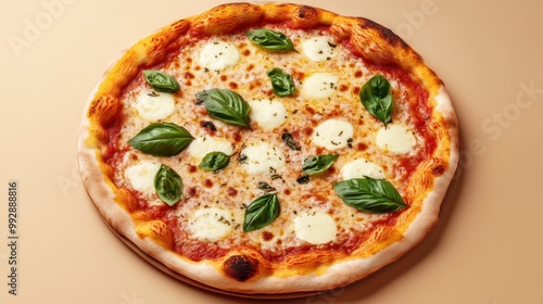 Freshly baked margherita pizza topped with basil leaves and mozzarella cheese on a wooden pizza board