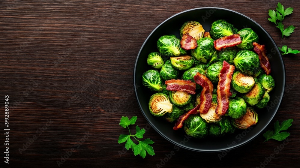 Crispy Brussels Sprouts with Bacon: A delicious and healthy meal, featuring crispy Brussels sprouts with bacon on a rustic wooden background. The image is perfect for promoting healthy eating. Crispy Brussels Sprouts with Bacon: A delicious and healthy meal, featuring crispy Brussels sprouts with bacon on a rustic wooden background. The image is perfect for promoting healthy eating.