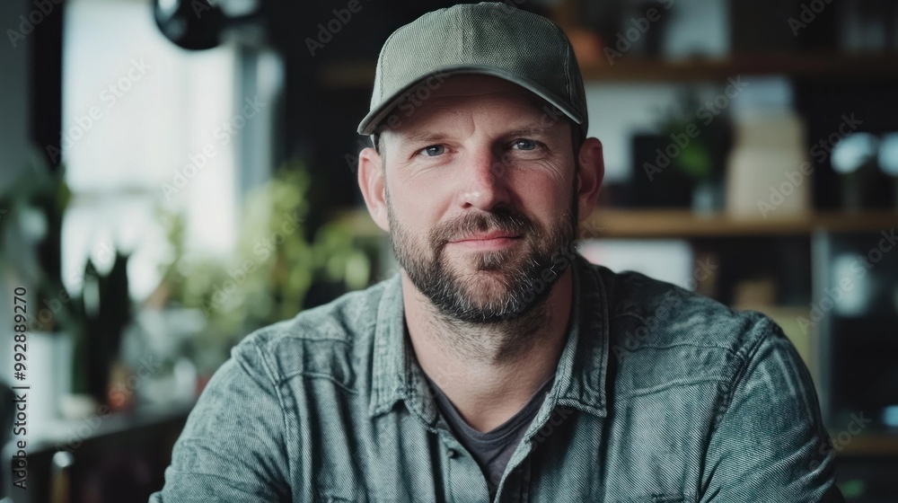 A man with a beard and cap sits in a cozy, plant-filled environment, smiling at the camera. A man with a beard and cap sits in a cozy, plant-filled environment, smiling at the camera.