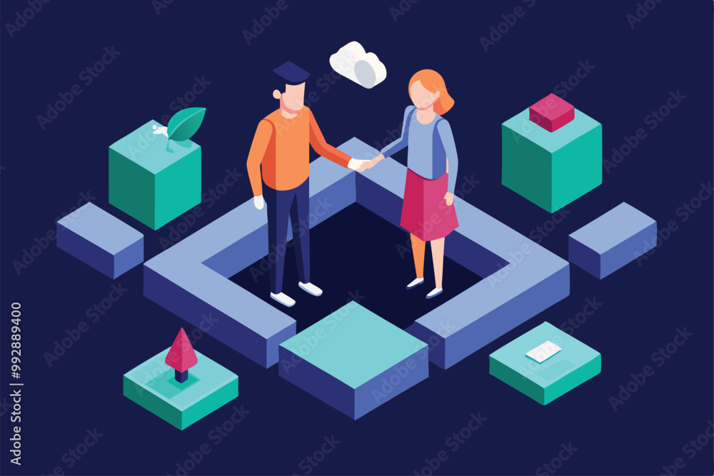 Two people shake hands in a vibrant isometric setting surrounded by geometric shapes and elements, Customizable isometric illustration of holding hands. Two people shake hands in a vibrant isometric setting surrounded by geometric shapes and elements, Customizable isometric illustration of holding hands.