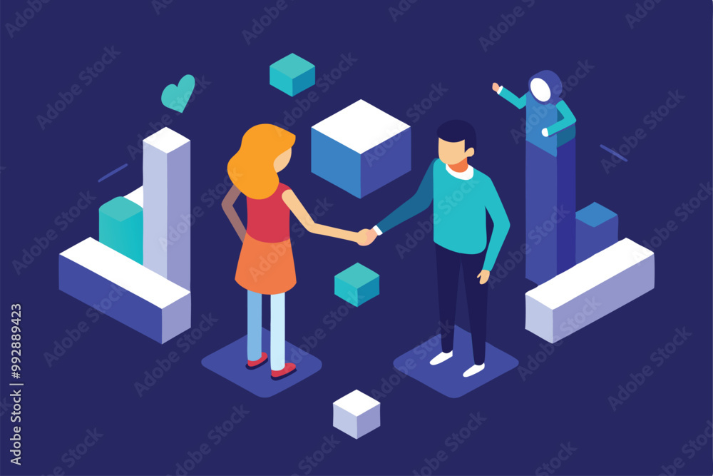 Two individuals engage in a handshake surrounded by geometric shapes in a colorful digital environment, Customizable isometric illustration of holding hands. Two individuals engage in a handshake surrounded by geometric shapes in a colorful digital environment, Customizable isometric illustration of holding hands.