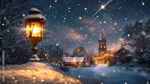 A stunning and festive Christmas scene, featuring a warm and inviting lamp adorned with twinkling lights, casting a cozy glow upon a quaint winter landscape. In the background