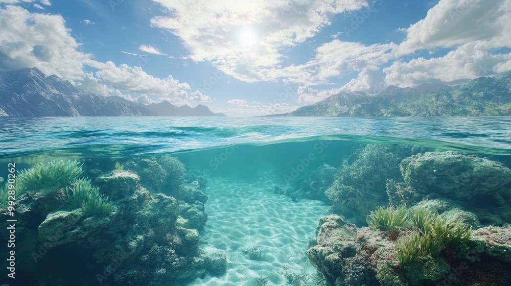 Split underwater scene showcasing a bright sky above and a tranquil sea below Split underwater scene showcasing a bright sky above and a tranquil sea below