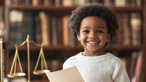 Cute dark skinned child smiling and holding court paper on table scales photo