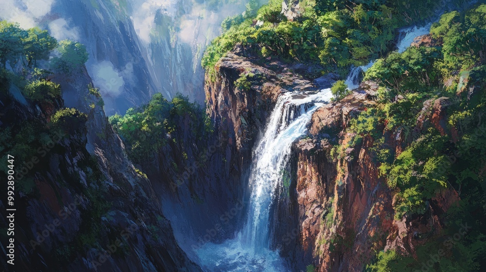 Aerial perspective of a waterfall flowing over rugged cliffs enveloped by vibrant lush vegetation Aerial perspective of a waterfall flowing over rugged cliffs enveloped by vibrant lush vegetation