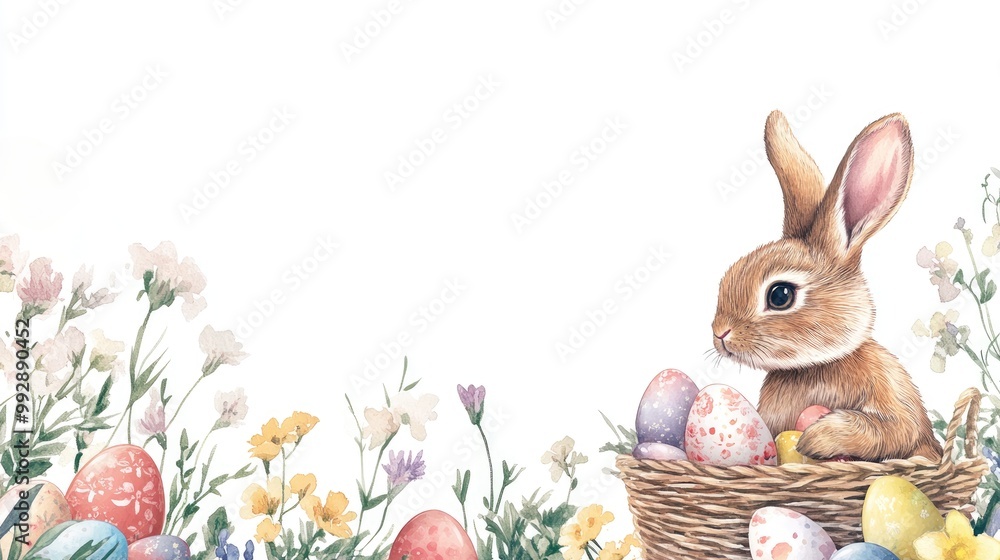 Easter themed card featuring a bunny with eggs flowers and a basket along with a white background suitable for social media wallpaper and backgrounds Easter themed card featuring a bunny with eggs flowers and a basket along with a white background suitable for social media wallpaper and backgrounds