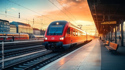 A vibrant red intercity passenger train stands on the platform of a train station in Vienna, Austria, bathed in the warm glow of sunset. The modern train, with its sleek design