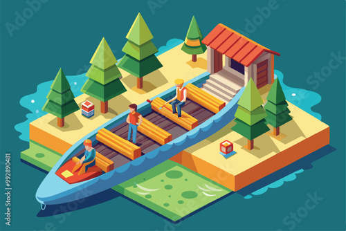 Two people are kayaking on a tranquil lake near a charming boathouse and lush green trees, Customizable isometric illustration of kayaking.