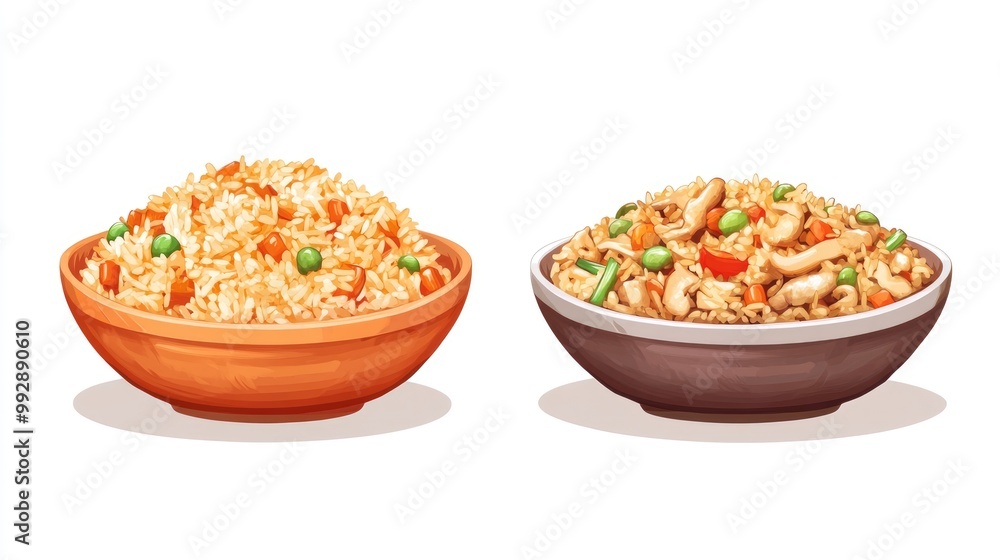 Side profile and front view of a dish featuring Chinese rice with chicken and vegetables presented without perspective Side profile and front view of a dish featuring Chinese rice with chicken and vegetables presented without perspective