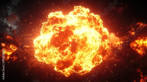 A massive fireball bursts with bright flames and shockwaves dramatically lighting up the dark environment during an explosion