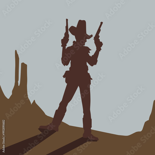 Cowboy Silhouette in the Desert with Two Pistols Vector Illustration